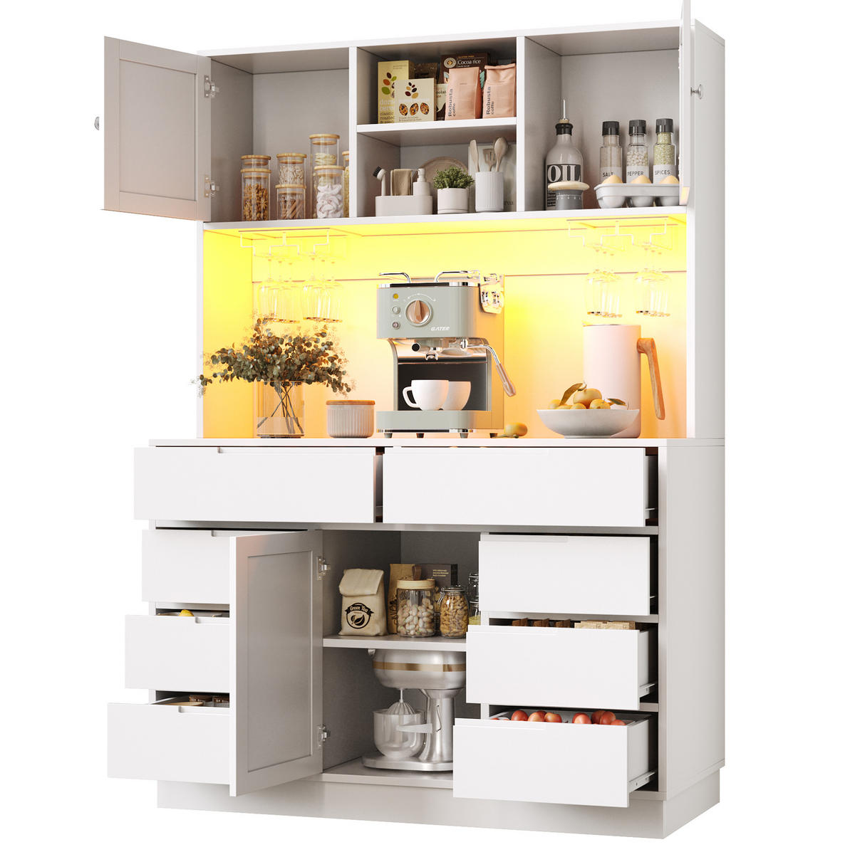 BUFFET 120/40/183,5 cm aus MDF mit LED-Beleuchtung und 8 Schubladen Weiß - Weiß, Holzwerkstoff (120/183.5/40cm) - Modenvie