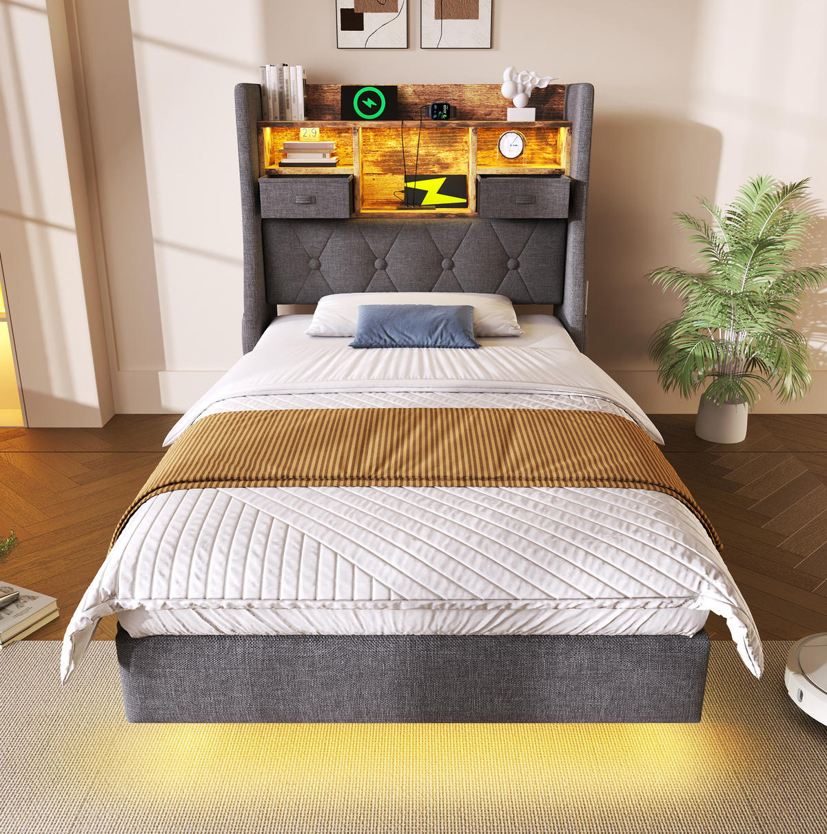 BETT mit LED und Ladestation 90x200 cm Leinen Grau - Grau, Holz (90/200cm) - Meubliv