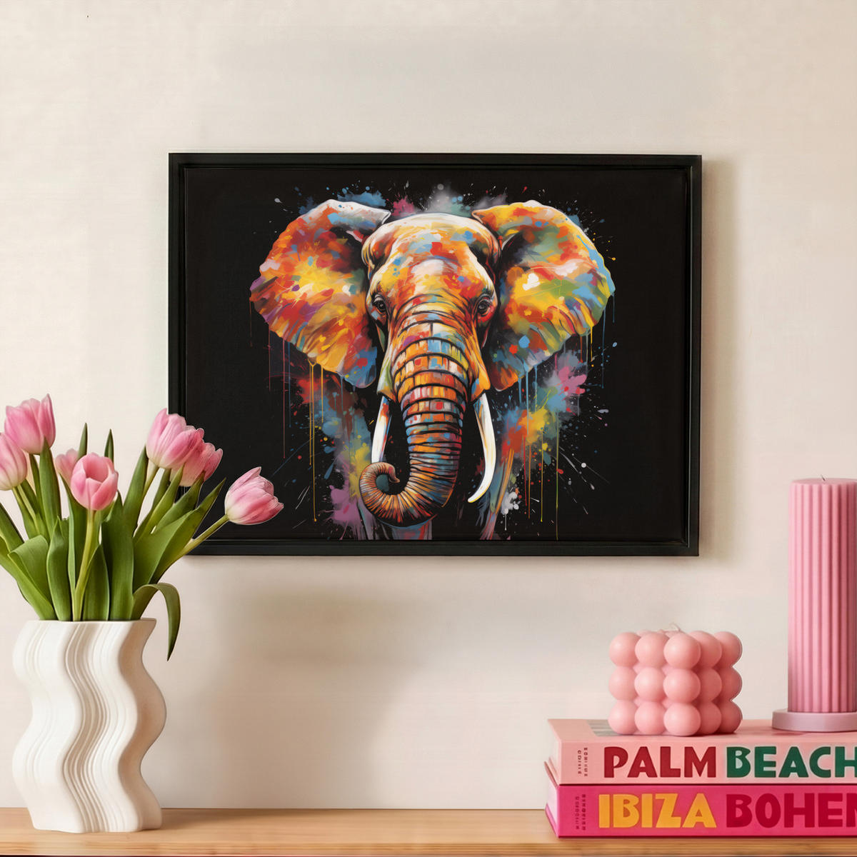 LEINWAND Bilder mit Rahmen - Elefant - Graffiti - Schwarz - Tiere - Farben - 40x30 - Schwarz, Textil (40/30cm) - MuchoWow