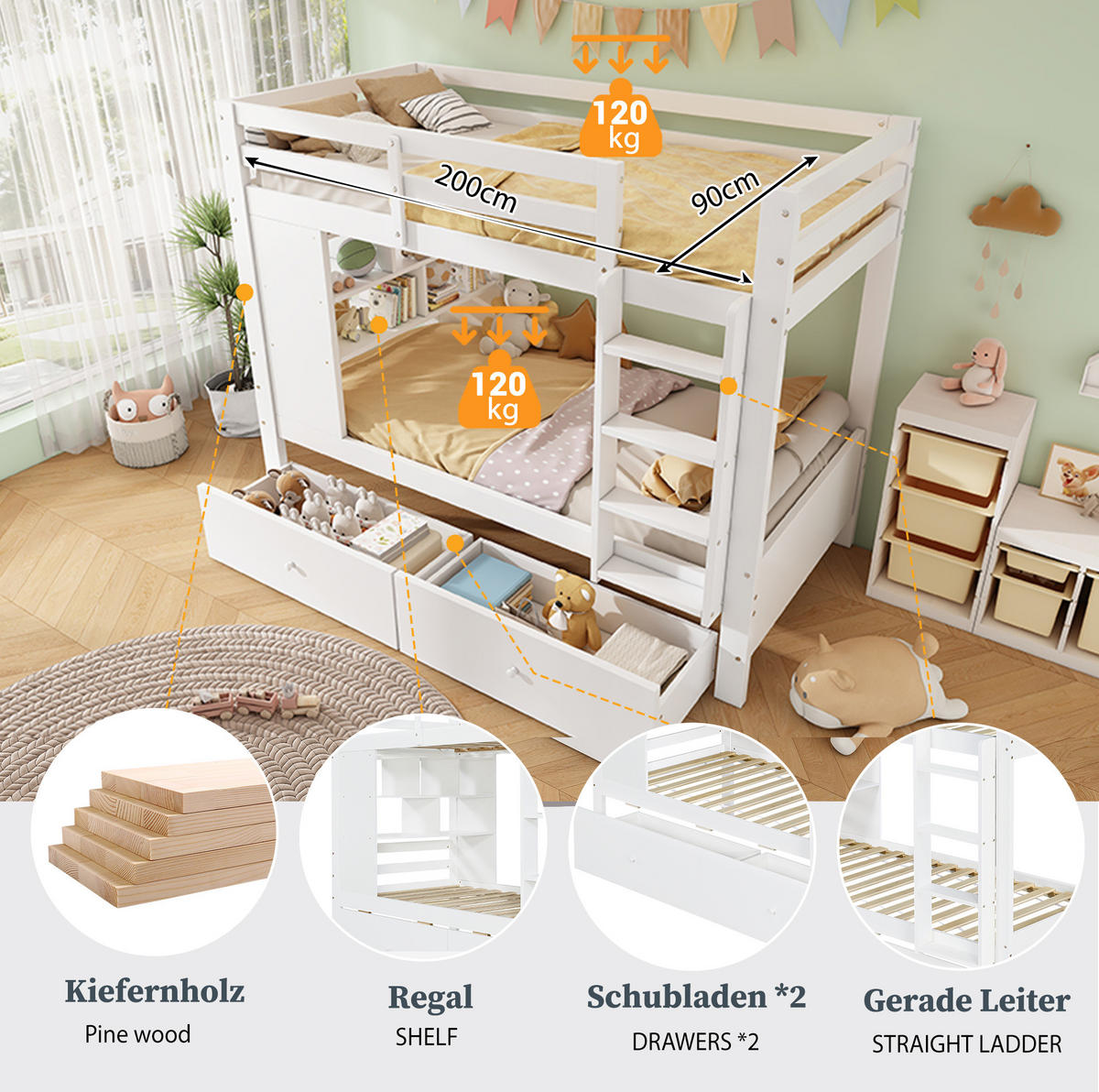 ETAGENBETT aus Holz 90x200 cm Weiß mit 2 Schubladen, offenem Regal, Leiter und Schutzgeländer - Weiß, Holz (90/200cm) - Modfu