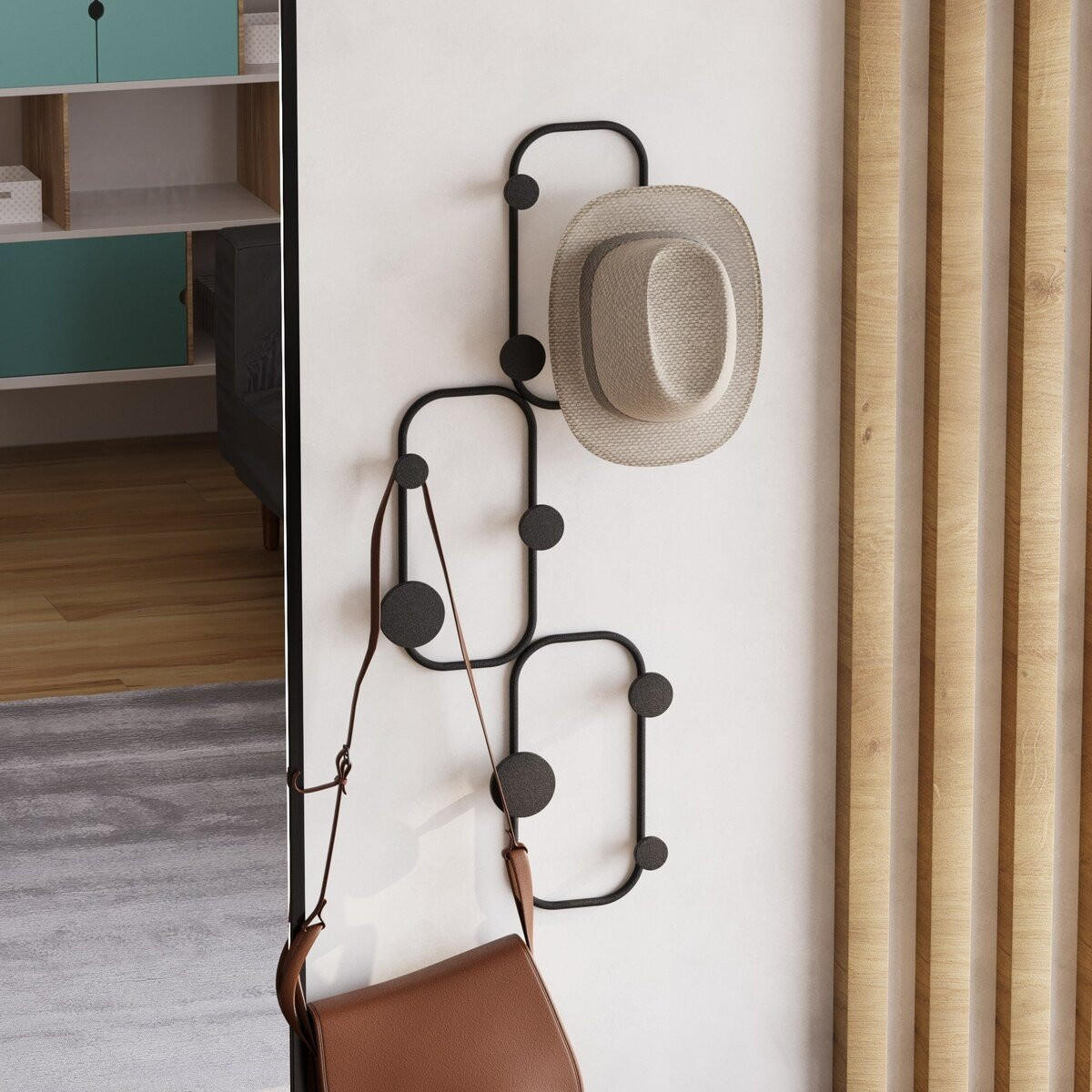 WANDGARDEROBE mit 6 abgerundeten Haken aus schwarzem Metall 70/28/5 cm - Schwarz, Metall (5/70/28cm) - Calicosy