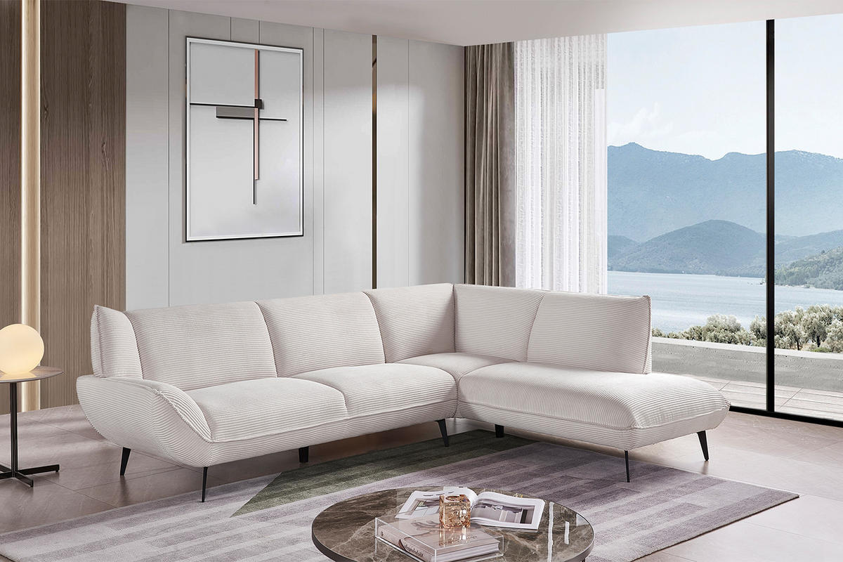ECKSOFA CALLA Cremeweiß Cord - Creme/Schwarz, Textil (274/203cm) - KAWOLA