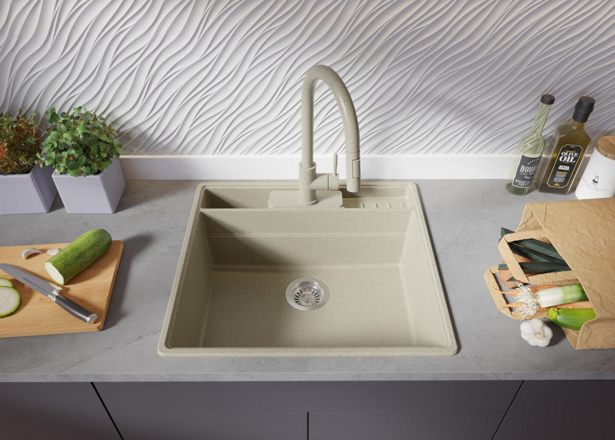 SPÜLBECKEN New York, 2-er set Beige 58/53 cm 1 Becken + Ablauf-Set + Küchenzubehörset ab 60er Unterschrank - Chromfarben/Beige, Kunststoff (58/20/53cm) - Primagran