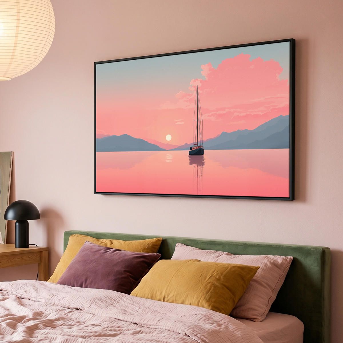 LEINWAND Bilder mit Rahmen - Segelboot - Rosa Meer - Sonnenuntergang - Berge - 150x100 - Rosa, Textil (150/100cm) - MuchoWow