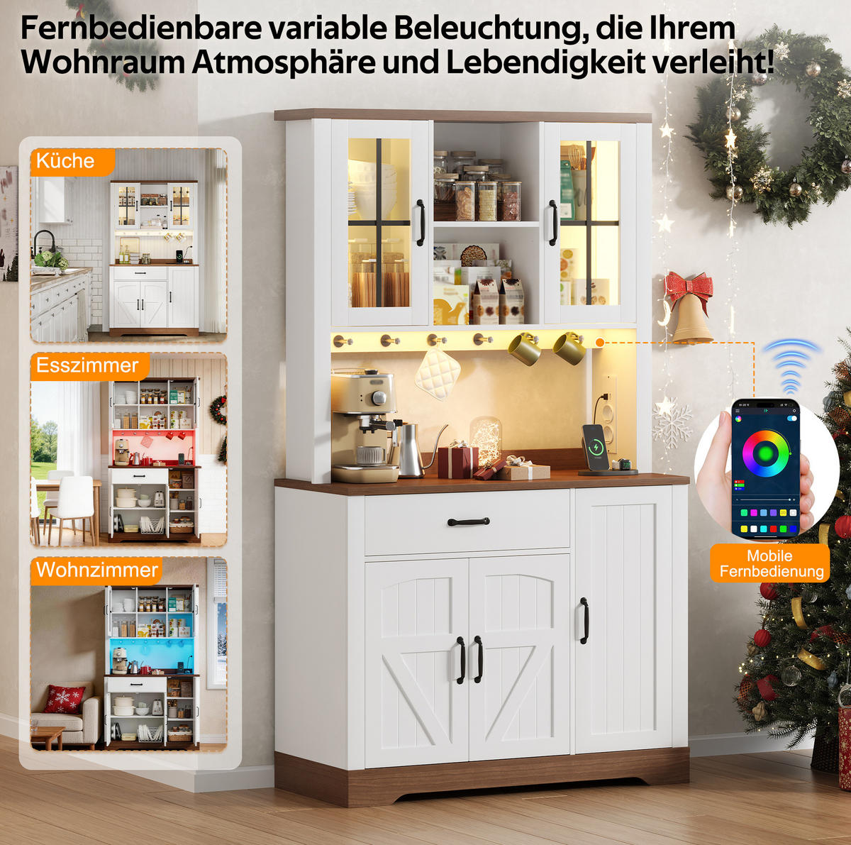 BUFFETSCHRANK 105/40/185 cm natur/weiß aus MDF mit LED - Naturfarben, Holzwerkstoff (105/185/40cm) - OKWISH