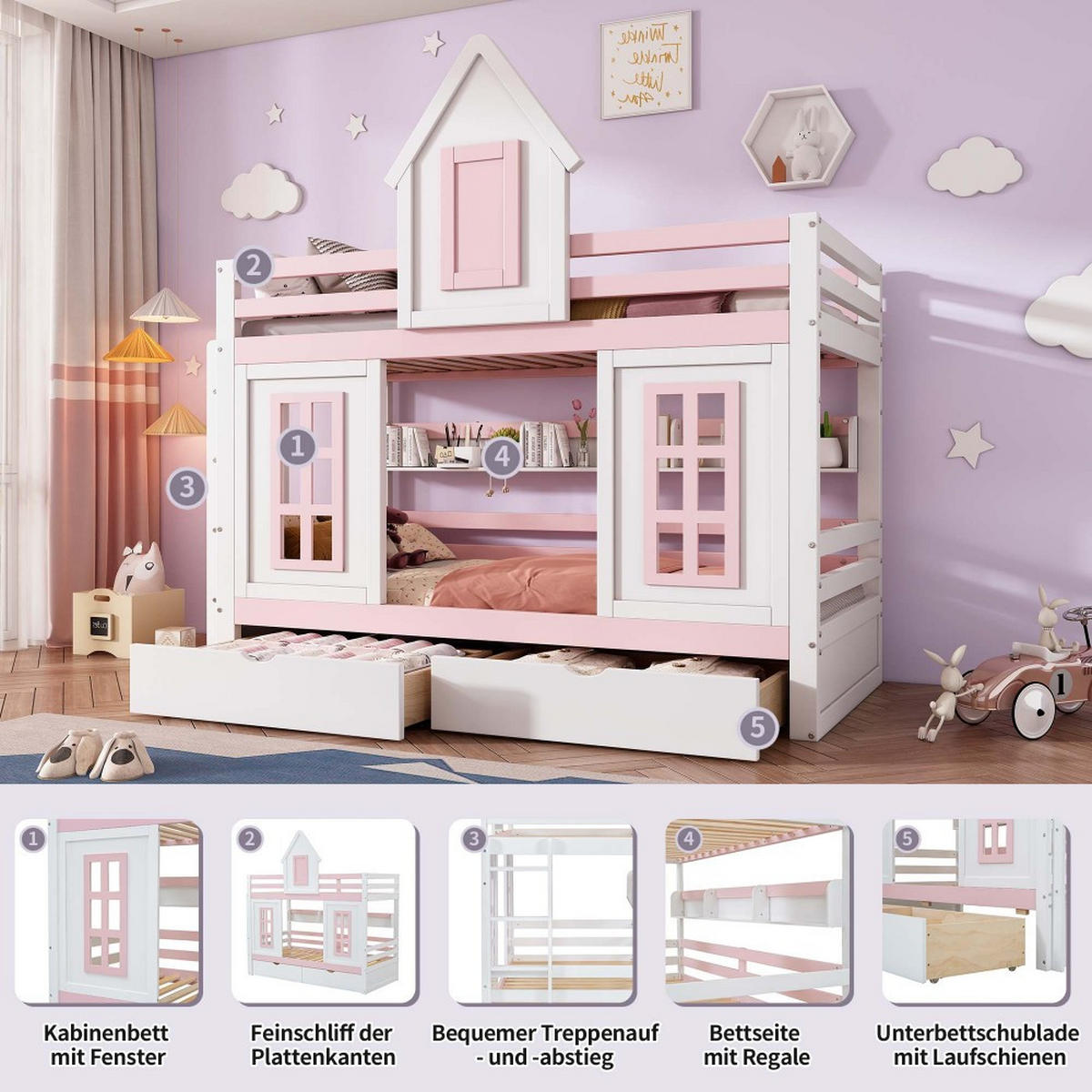 ETAGENBETT 90x200cm in Weiß+Rosa mit Dach und Fenster - Pink, Holz (90/200cm) - KOMHTOM