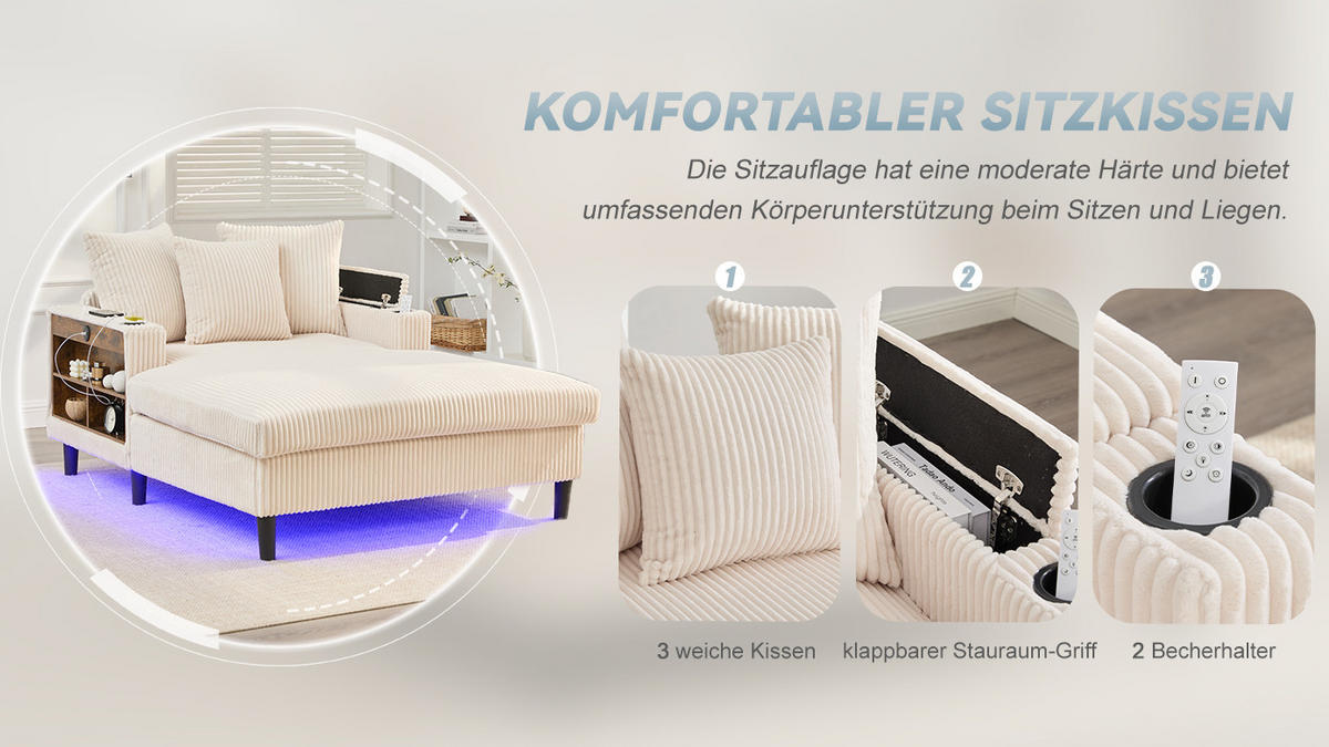 SCHLAFSOFA 129/170/70 cm aus Cord mit LED-Beleuchtung und USB-Ladeanschluss Beige - Beige, Textil (170/70/129cm) - Modenvie