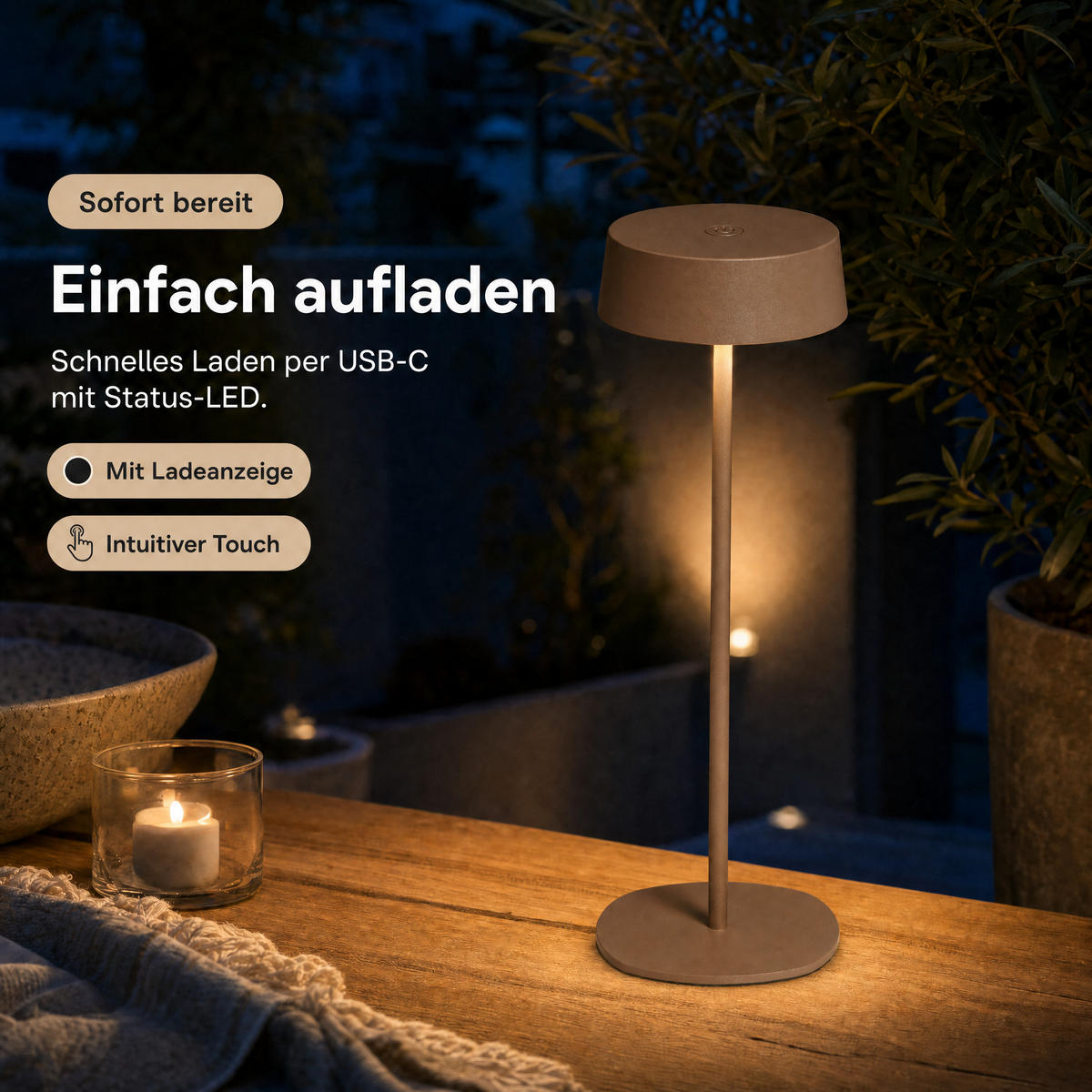 LED-TISCHLEUCHTE - dimmbar, kabellos, IP54, Metallgehäuse, für Innen- und Außenbereich, braun, höhenverstellbar - Braun, Metall (13.5/13.5/36cm) - Northpoint