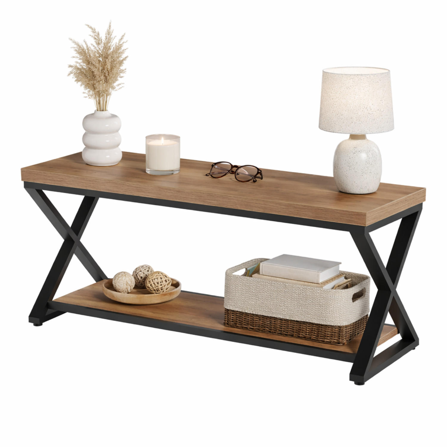 BANK Industrial mit 2 Ablageebenen 120 x 36 x 46 cm - Braun, Holzwerkstoff/Metall (120/46/36cm) - Quality Elegance