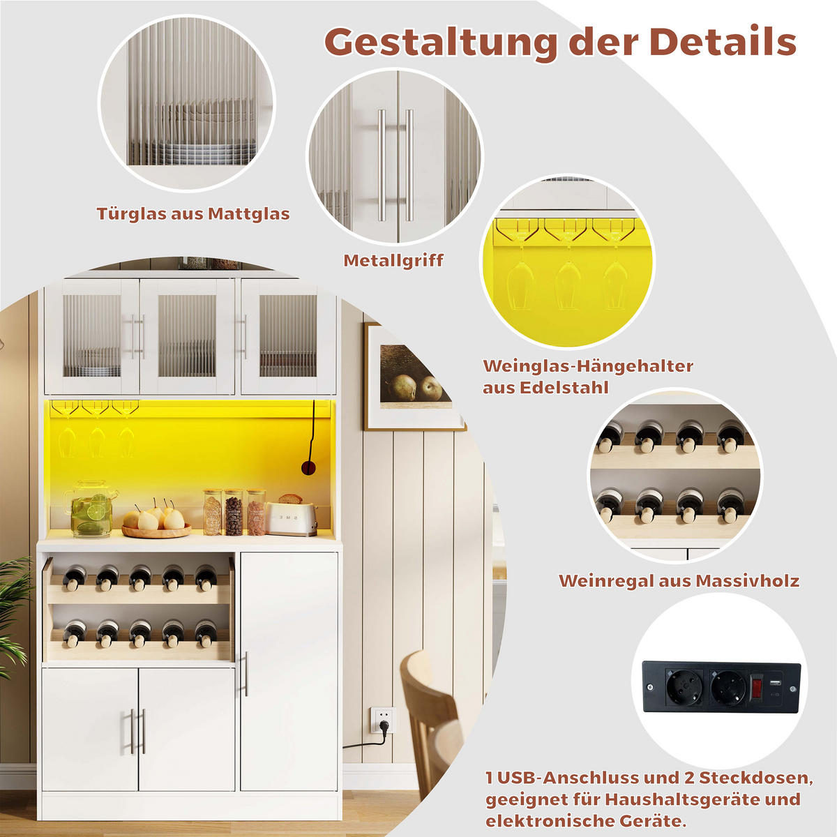 BUFFET 100/40/180 cm weiß aus MDF mit LED und Steckdose - Weiß, Holzwerkstoff (100/180/40cm) - OKWISH