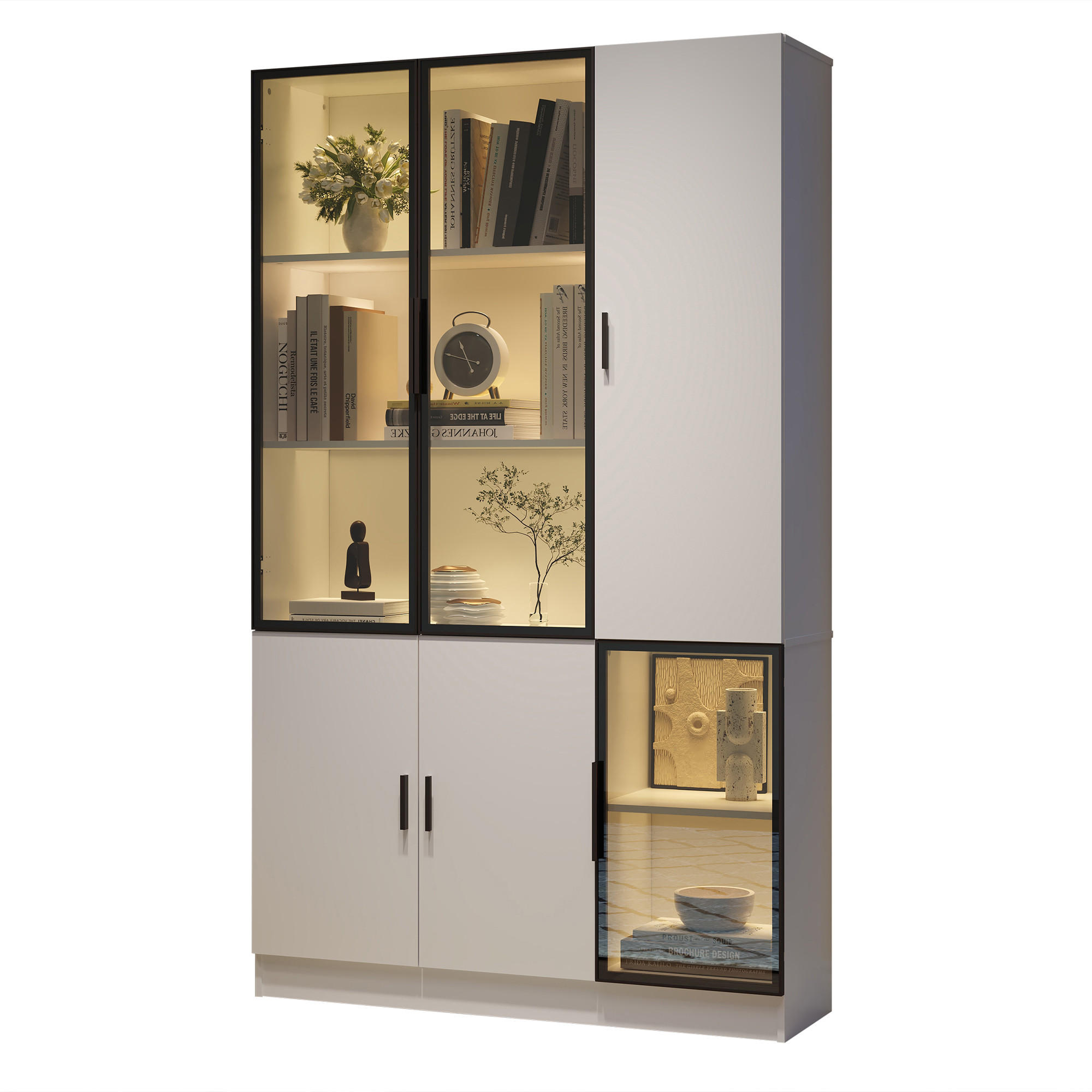 HIGHBOARD mit Glastüren 120/35/200 cm in Weiß mit LED-Beleuchtung - Weiß, Holzwerkstoff (120/200/35cm) - BEAOK
