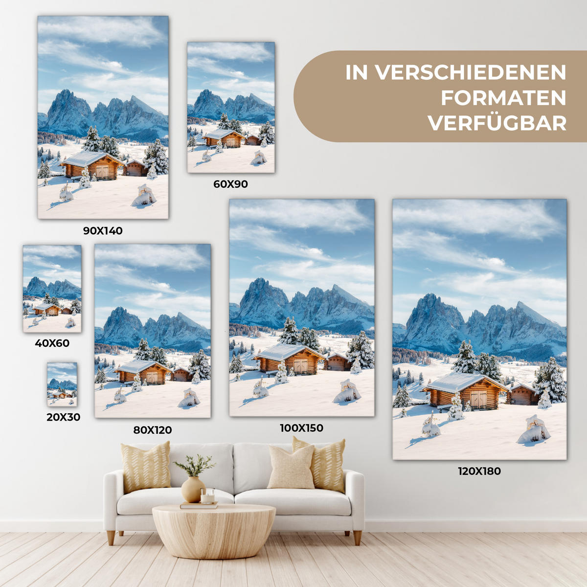 LEINWANDBILD Winter - Hütte - Berge - Aussicht - Schnee 60x90 cm - Eichefarben, Textil (60/90cm) - MuchoWow
