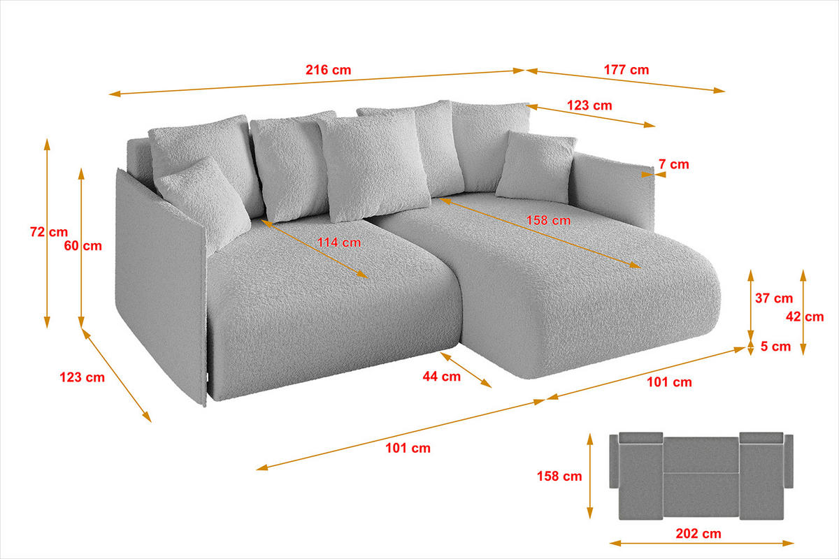 ECKSOFA Ottomane rechts ONESK-L 216x177x72 Hellgrau Bouclé - Hellgrau, Holzwerkstoff/Kunststoff (177/216cm) - ALTDECOR