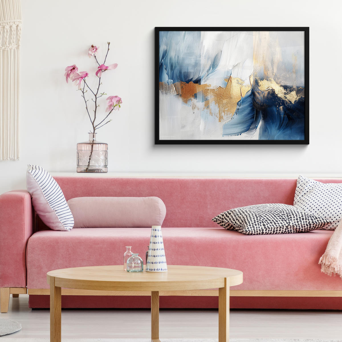 POSTER MIT RAHMEN Gold - Blau - Aquarell - Kunst - Modern 80x60 cm - Hellblau, Papier (80/60cm) - MuchoWow