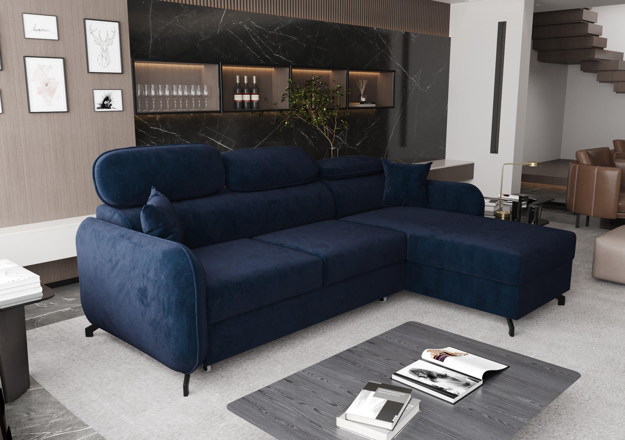 ECKSOFA L Form Ribella 5 Blau 265/180/100 cm Rechts mit Schlaffunktion - Schwarz/Dunkelblau, Textil/Metall (265/180cm) - AX Living