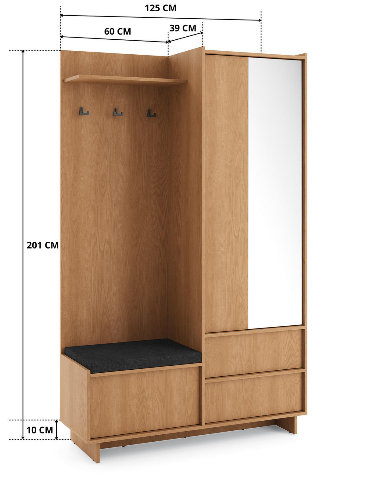 GARDEROBE SUNA 125 cm (Eiche Karamell, Spiegel, Sitzkissen, Push to Open) - Eichefarben, Holz/Holzwerkstoff (125/201/39cm) - Ravio
