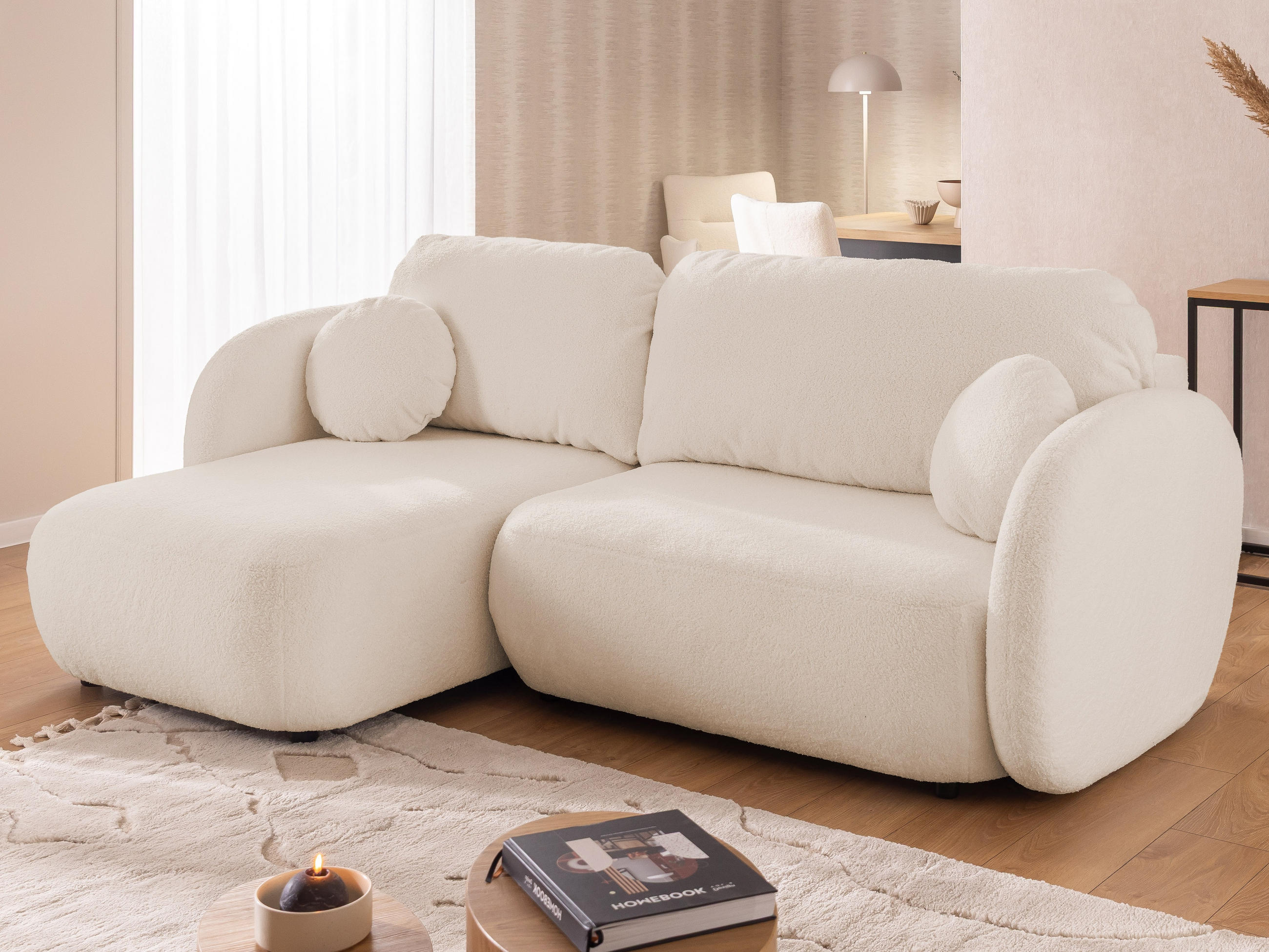 ECKSOFA Candy mit Schlaffunktion Hellbeige Bouclé-Stoff - Ottomane links - Beige/Schwarz, Holz/Kunststoff (230/146cm) - S-Style Möbel