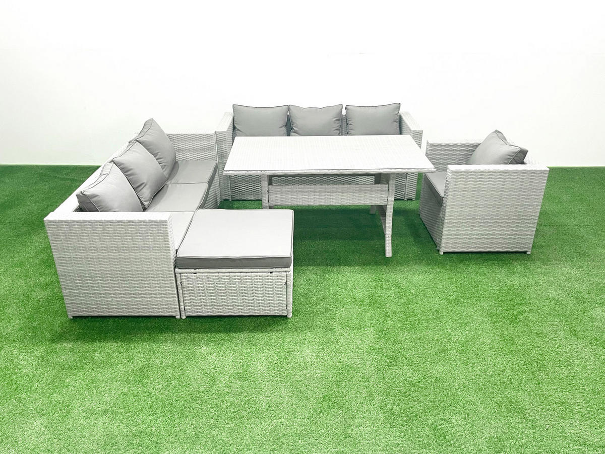 GARTENMÖBEL SET mit 3-Sitzer-Sofa und Sessel, Esstisch,Großer Fußhocker Polyrattan Hellgrau 8-Sitzer - Hellgrau/Grau, Glas/Kunststoff - Fimous