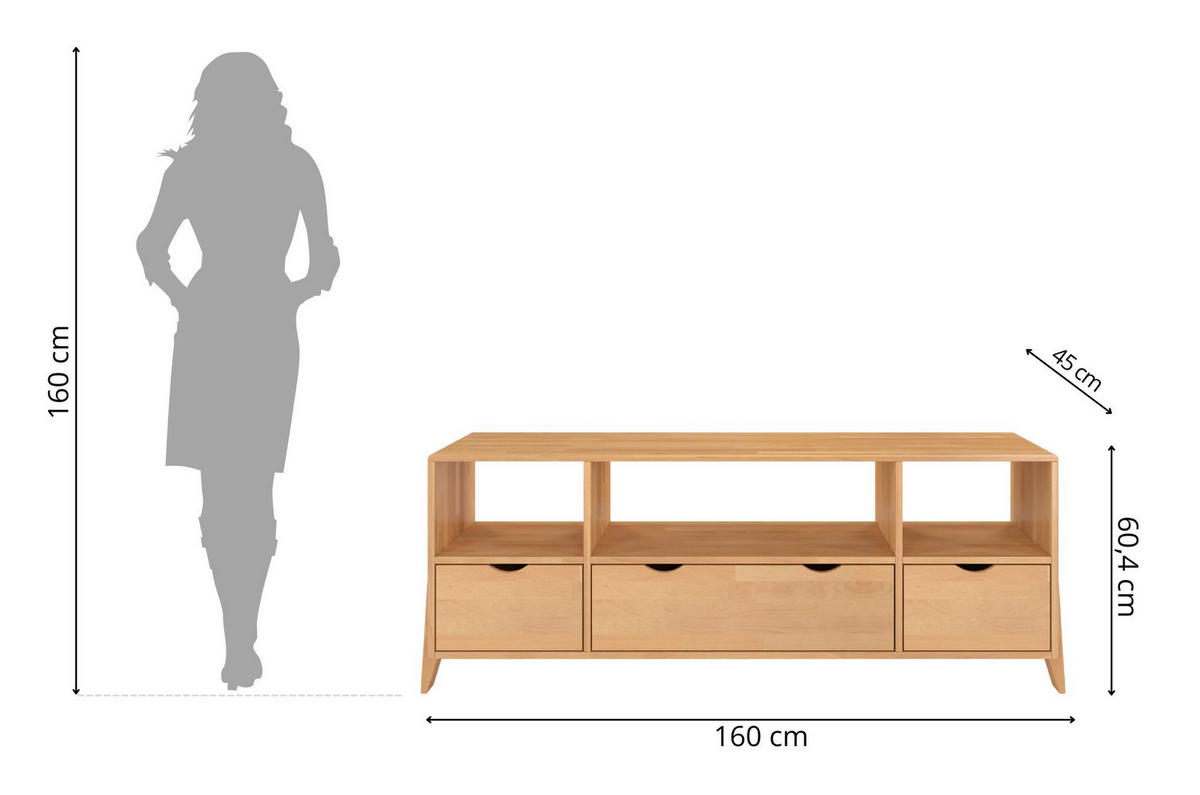 MASSIVHOLZ-TV-SCHRANK Gdynia, Buche - lackiert, Naturfarben - Buchefarben, Holz/Buchenholz (160/60.4/45cm) - Visby