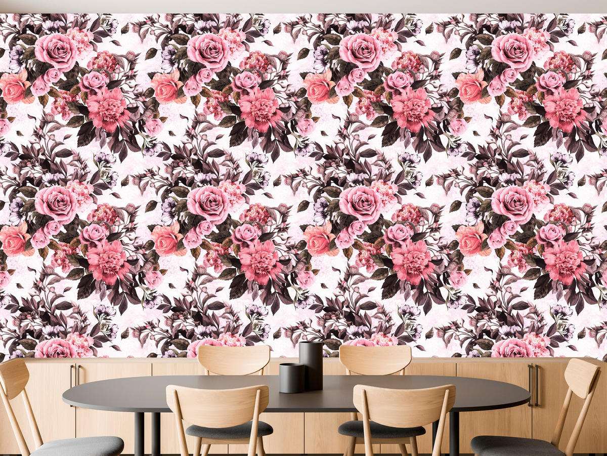VLIESTAPETE Vintage-Rosen und Pfingstrosen – Rosa, Schwarz, Weiß – 50x1000 cm - Schwarz/Rosa, Papier (50/1000cm) - Muralo