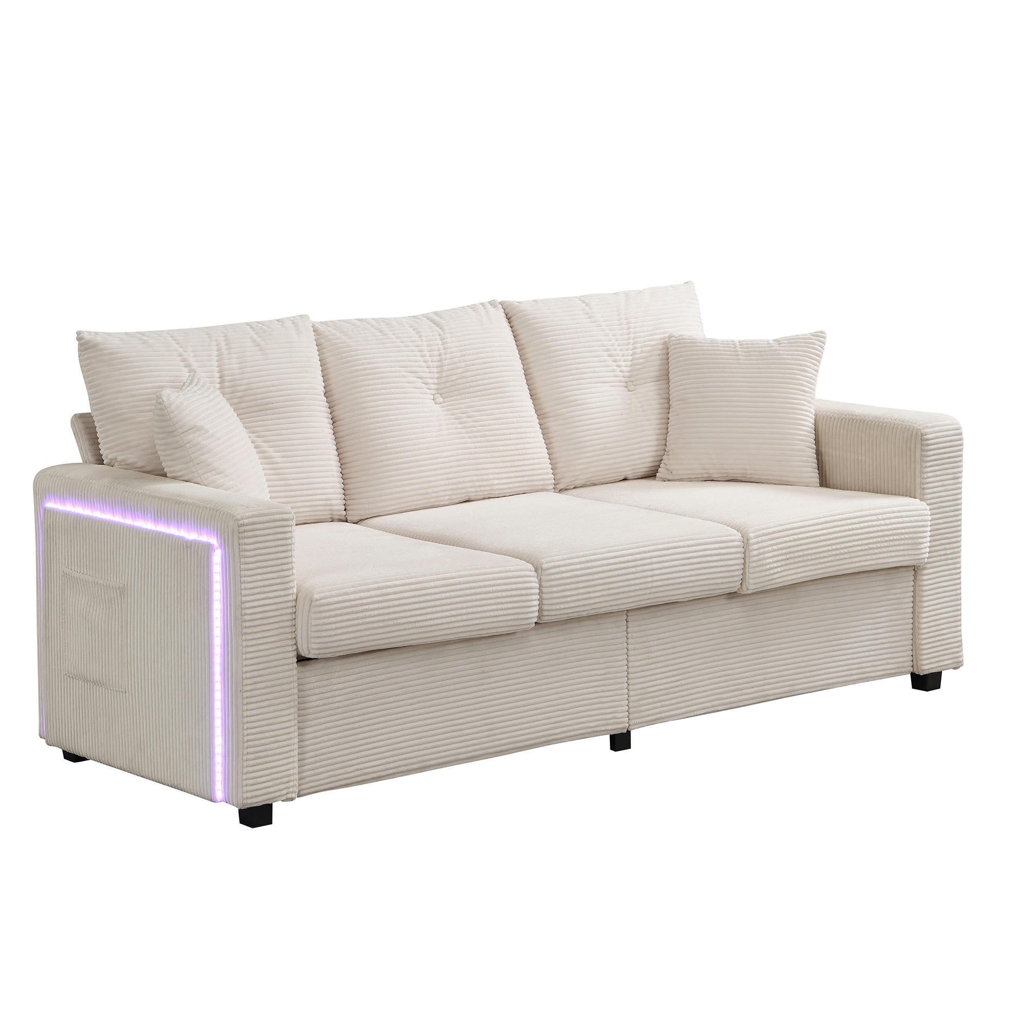 SOFA mit LED und Hocker Cord Beige 5-Kissen-Set - Beige, Kunststoff (184/85.5/84.5cm) - Meubliv
