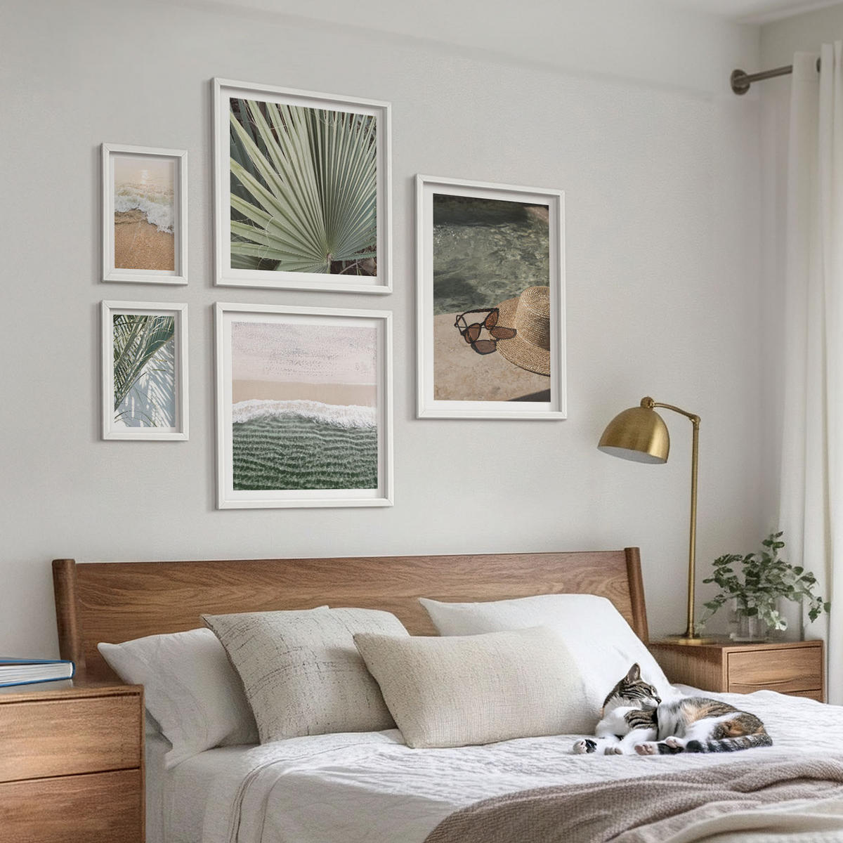 WANDBILDER 5er-Set - 50x50 cm & 20x30 cm & 40x60 cm Weißer Rahmen - Strandhut und Sonnenbrille - Weiß, Kunststoff (40/60cm) - ArtPrintCave