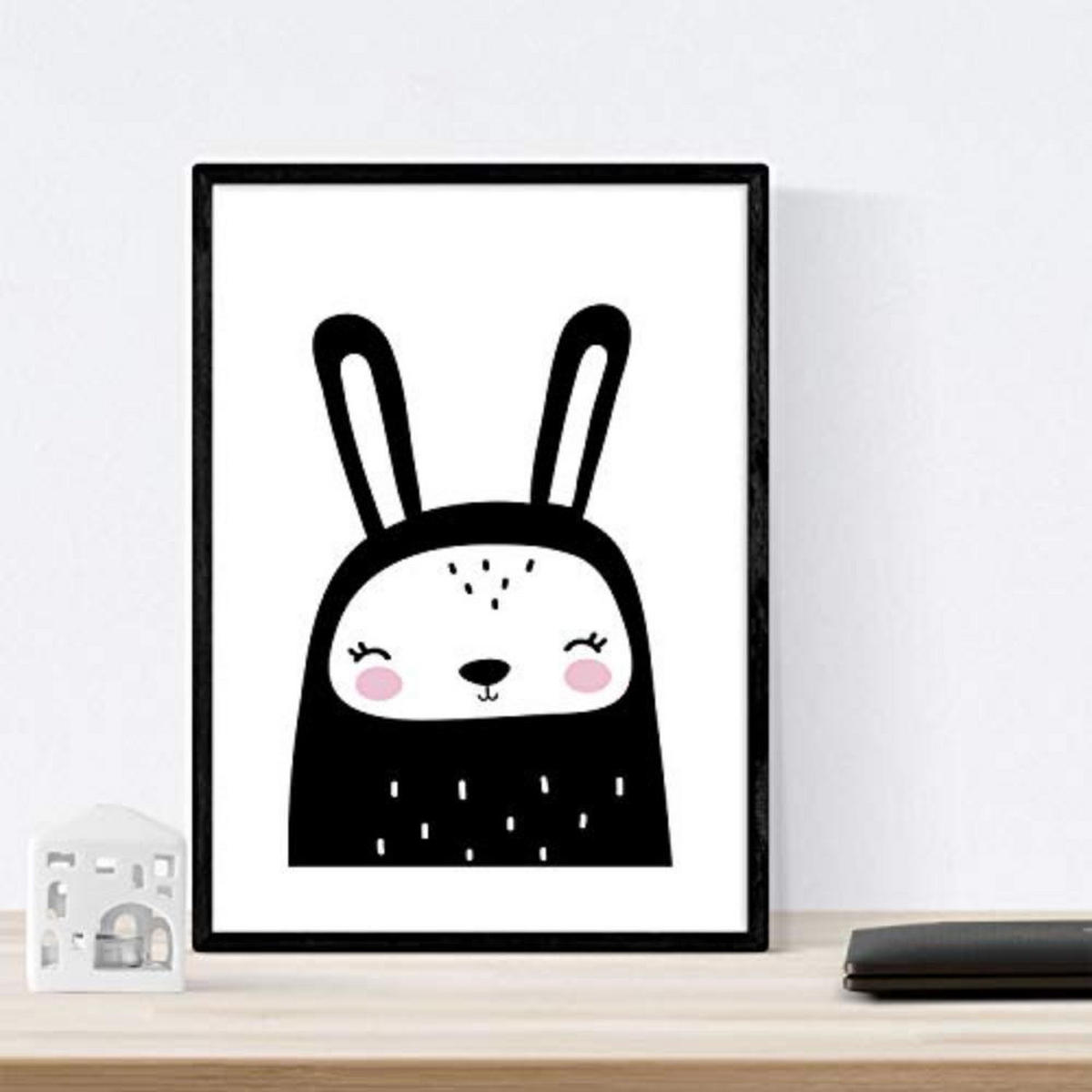 POSTER Set mit 4 Rabbit und Pinguine Tiere A4 Schwarzer Rahmen - Schwarz, Papier (29.7/3cm) - Nacnic