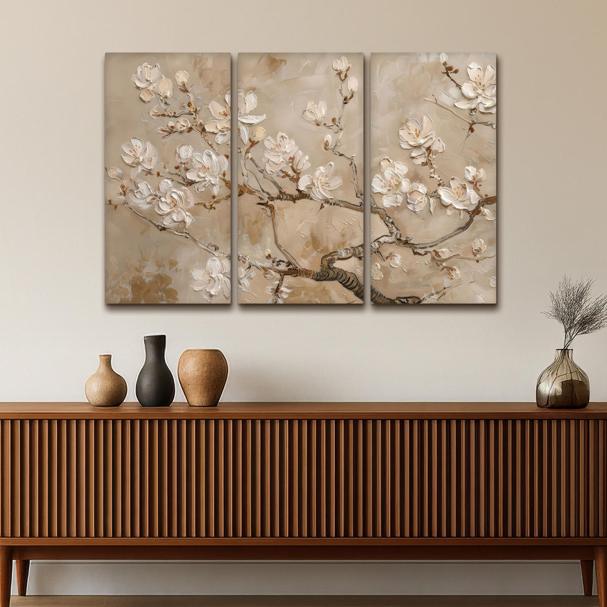 LEINWANDBILD 3er Set Beige - Blüte - Modern 120x80 cm - Greige, Textil (120/80cm) - MuchoWow