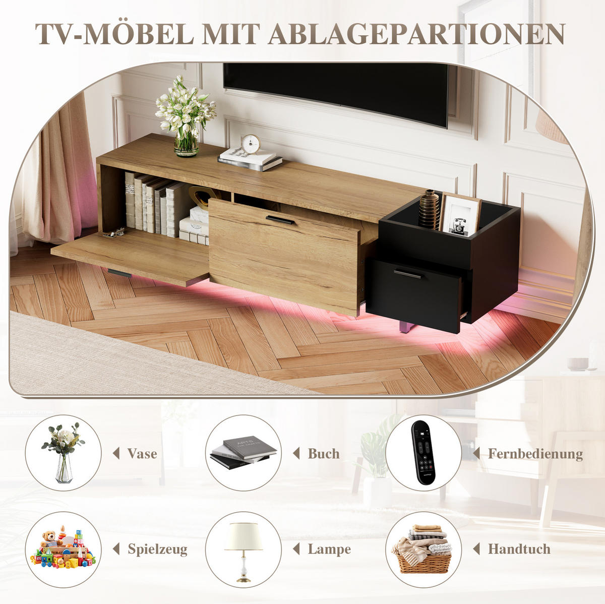 TV-SCHRANK mit Schubladen 180 x 38 x 49 cm Holzoptik Schwarz - Schwarz, Holz (38/49/180cm) - Beauniv