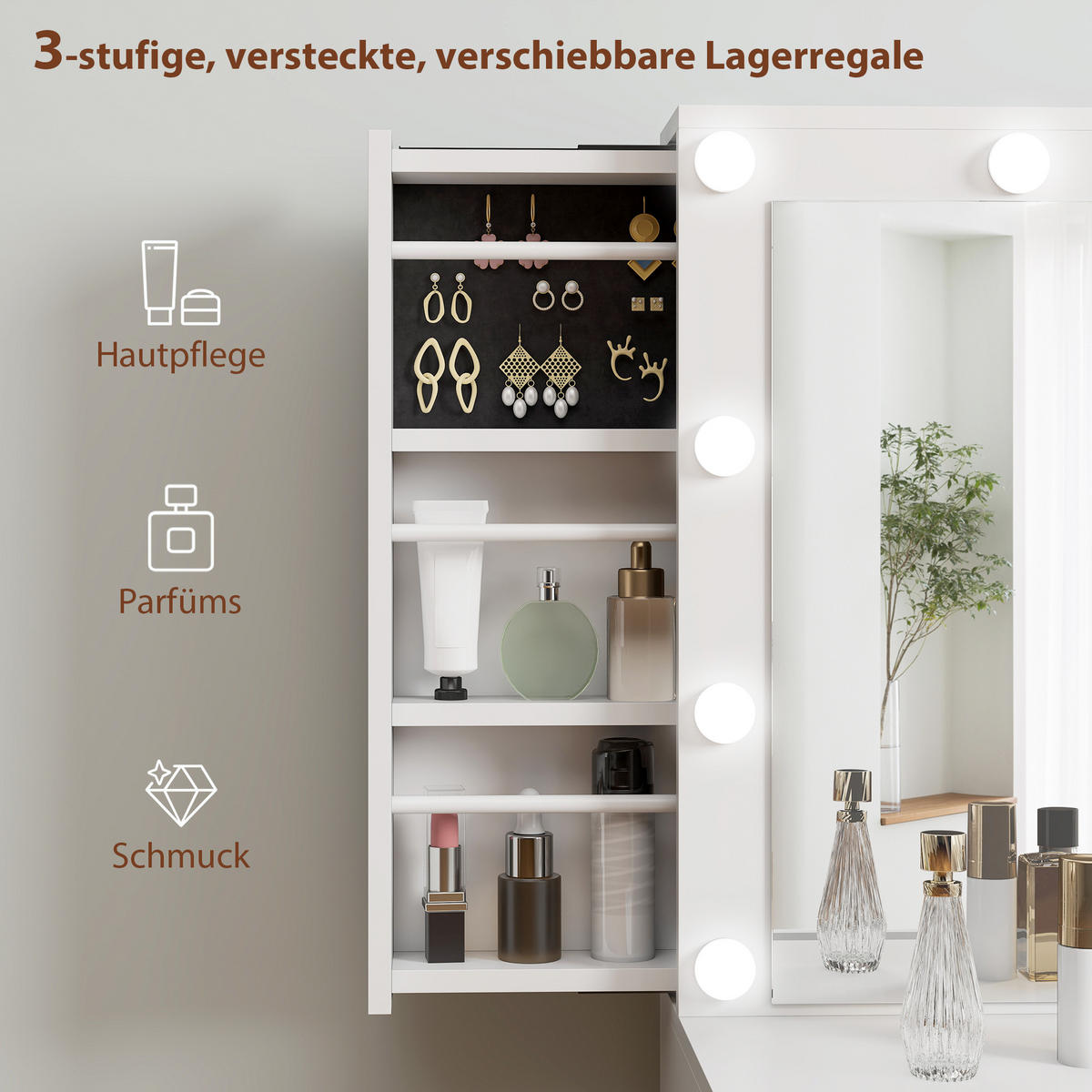 SCHMINKTISCH mit LED-Leuchten, Kosmetiktisch mit Spiegel, 7 Schubladen, Weiß - Goldfarben/Weiß, Holzwerkstoff/Metall (40/137/100cm) - HOMCOM