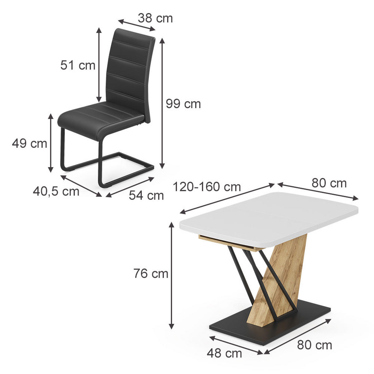 SÚPRAVA JEDÁLENSKÉHO STOLA Fenaro, biely/Dub Goldkraft, 120 x 80 cm so 4 jedálenskými stoličkami, čierne - biela/dub medový, kompozitné drevo (120/76/80cm) - Vicco