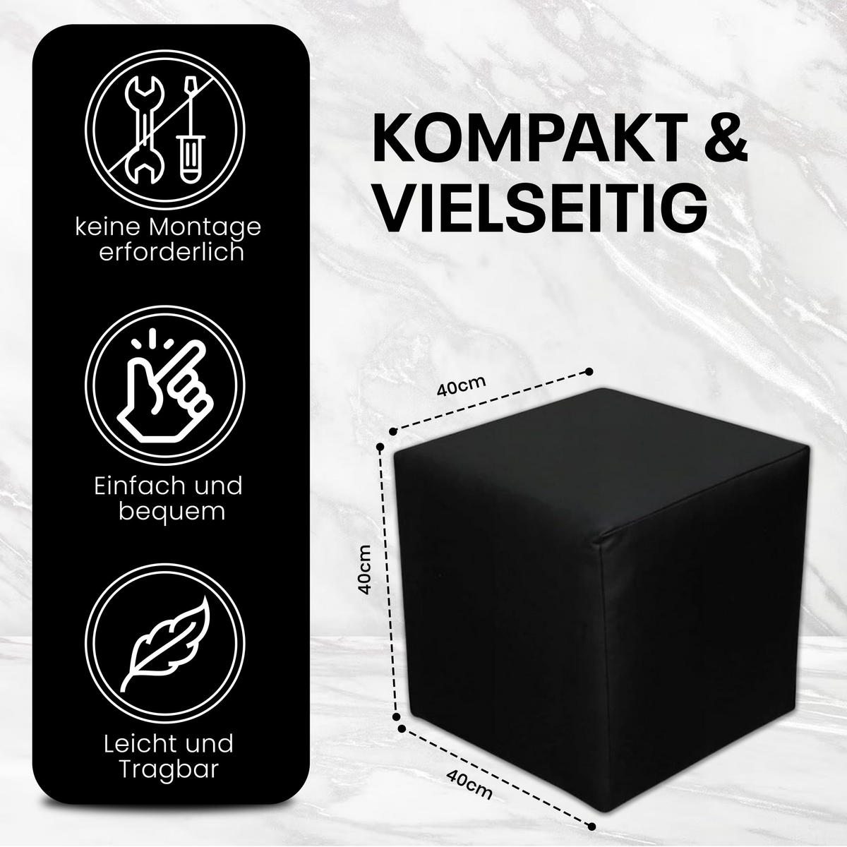 SITZWÜRFEL / Siège Pouf - Noir, 40X40X40 Cm, Assise Rembourrée En Simili Cuir, Confortable Pour Salon, Chambre Ou Bureau - Schwarz, Textil (41/41/40cm) - Best For Home