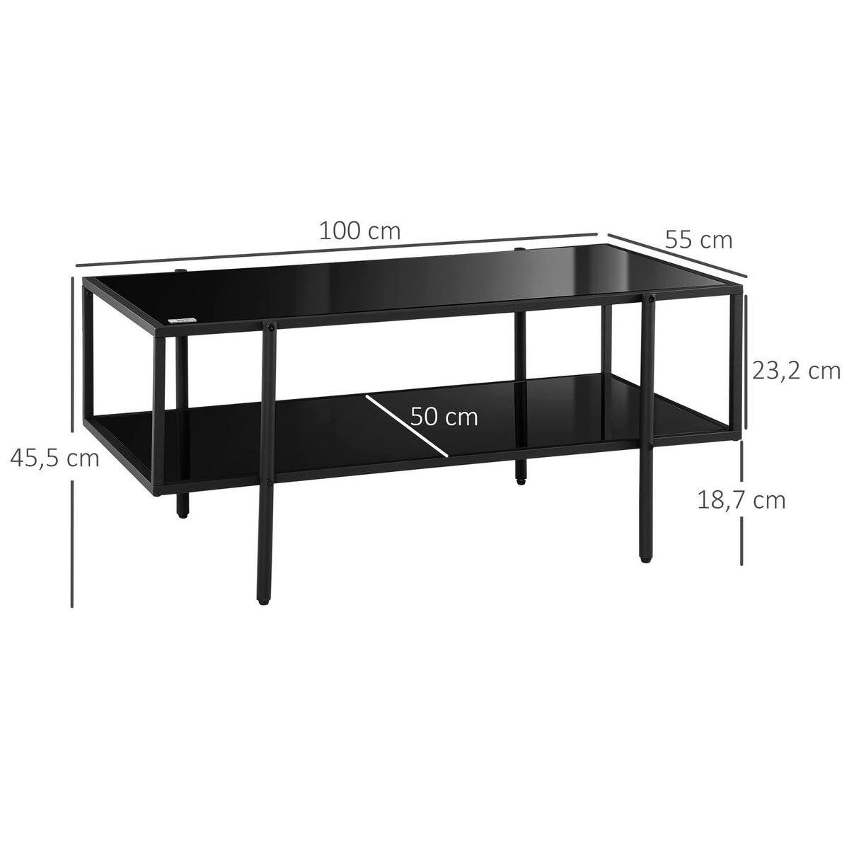 COUCHTISCH mit Ablage, verstellbare Füße, 100 x 55 x 45,5 cm - Schwarz, Glas (100/55/45.5cm) - HOMCOM