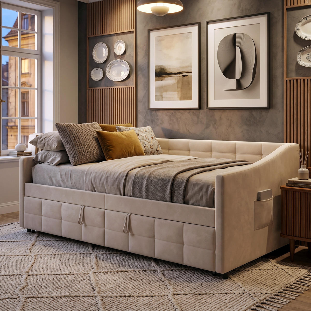 POLSTERBETT Tagesbett 90/200 cm erweiterbar auf 180/200 cm Samtoptik Creme - Beige, Textil (90/200cm) - Creahappy
