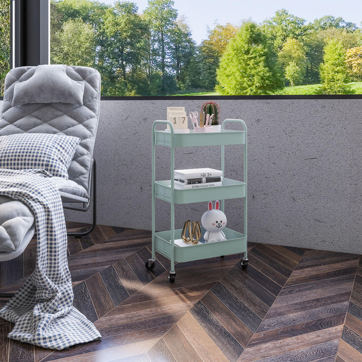 SERVIERWAGEN Rollwagen mit 3 Etagen, für Küche, Wohnzimmer, Stahl, Hellblau - Hellblau, Metall (30.6/79/45cm) - HOMCOM