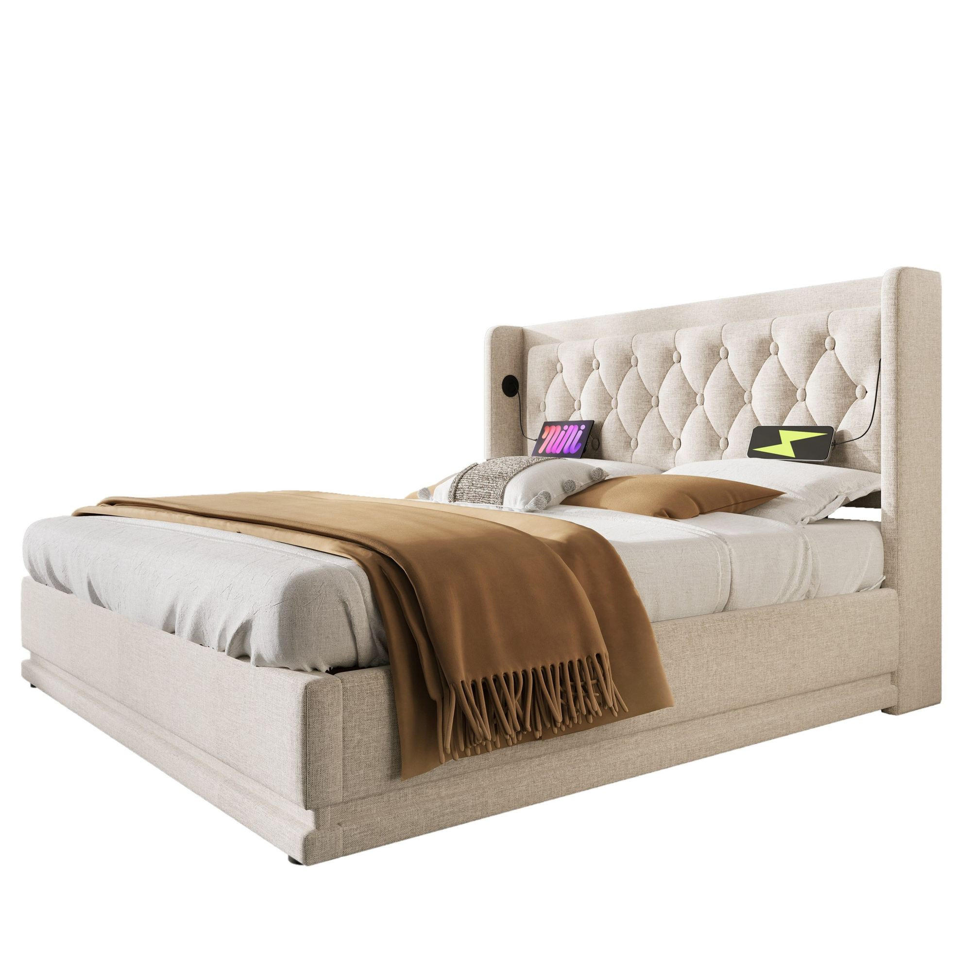 BETT mit Stauraum 160x200 cm Baumwolle Beige - Beige, Metall (160/200cm) - Meubliv