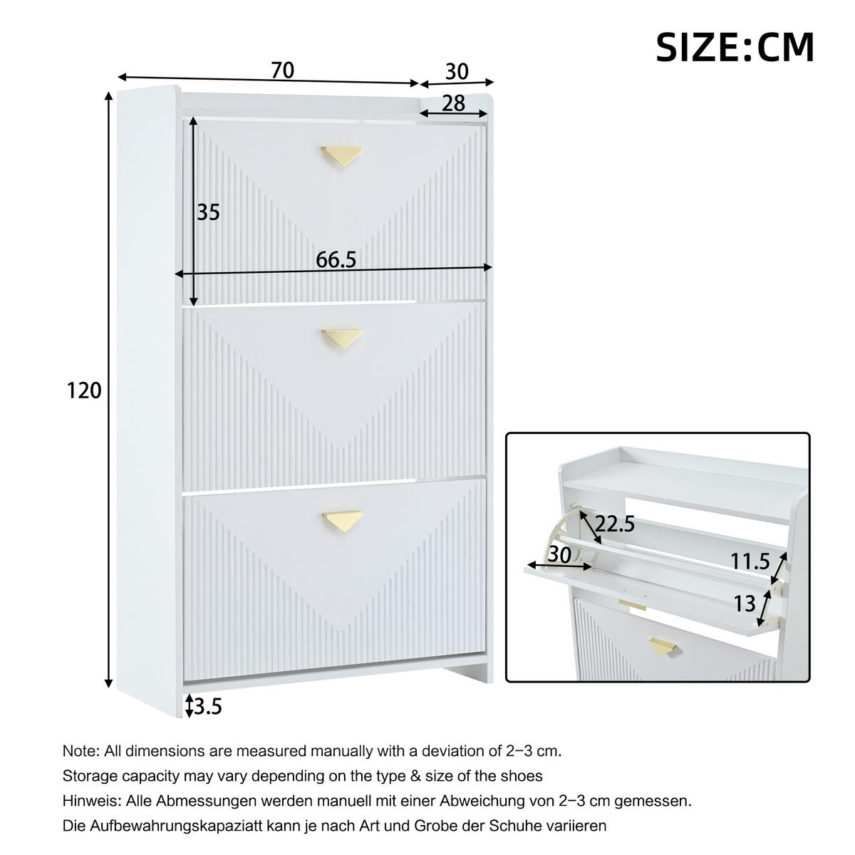 SCHUHSCHRANK in Weiß Schuhkommode mit 3 Klapptüren & 6 Schuhfächern, MDF, Vakuumformdesign, B70/T30/H120cm - Weiß, Holzwerkstoff (70/120/30cm) - STILVORA