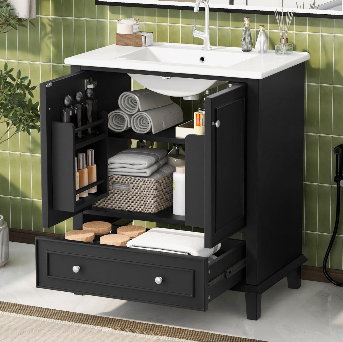 WASCHTISCHKOMBI 73/45/87 cm Schwarz aus MDF und Keramik mit Stauraum - Schwarz, Holzwerkstoff (73/87/45cm) - OKMYHOME