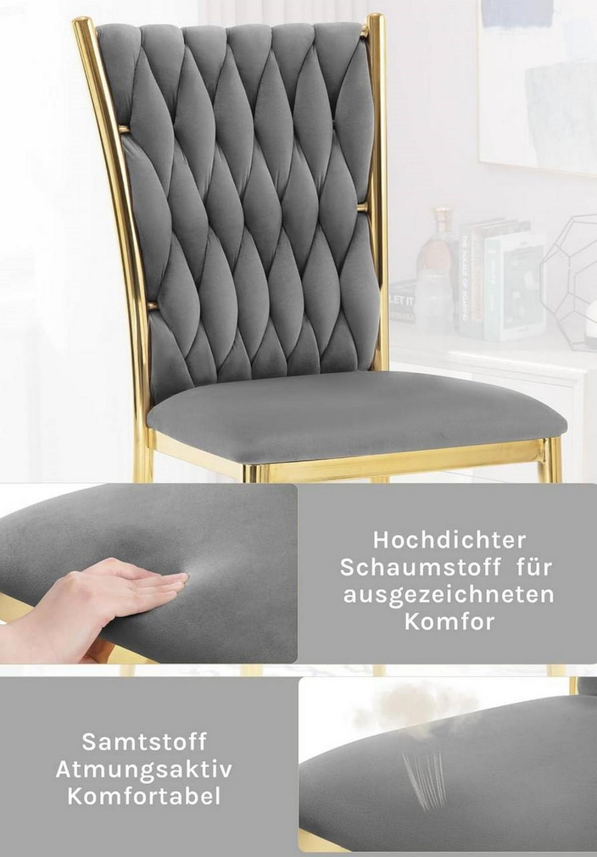 ESSZIMMERSTUHL 6er Set hohe Rückenlehne, Samt, Dunkelgrau - Dunkelgrau, Kunststoff/Textil (46/94.5/48cm) - Woltu