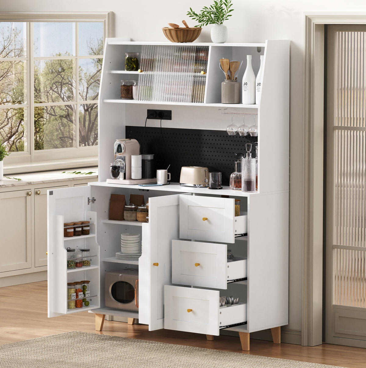 BUFFETSCHRANK 120/40/184 cm mit Steckdosen, USB-C, Lochplatte, Glashalter und 3 Schubladen, Weiß - Weiß, Holzwerkstoff (120/184/40cm) - Redom