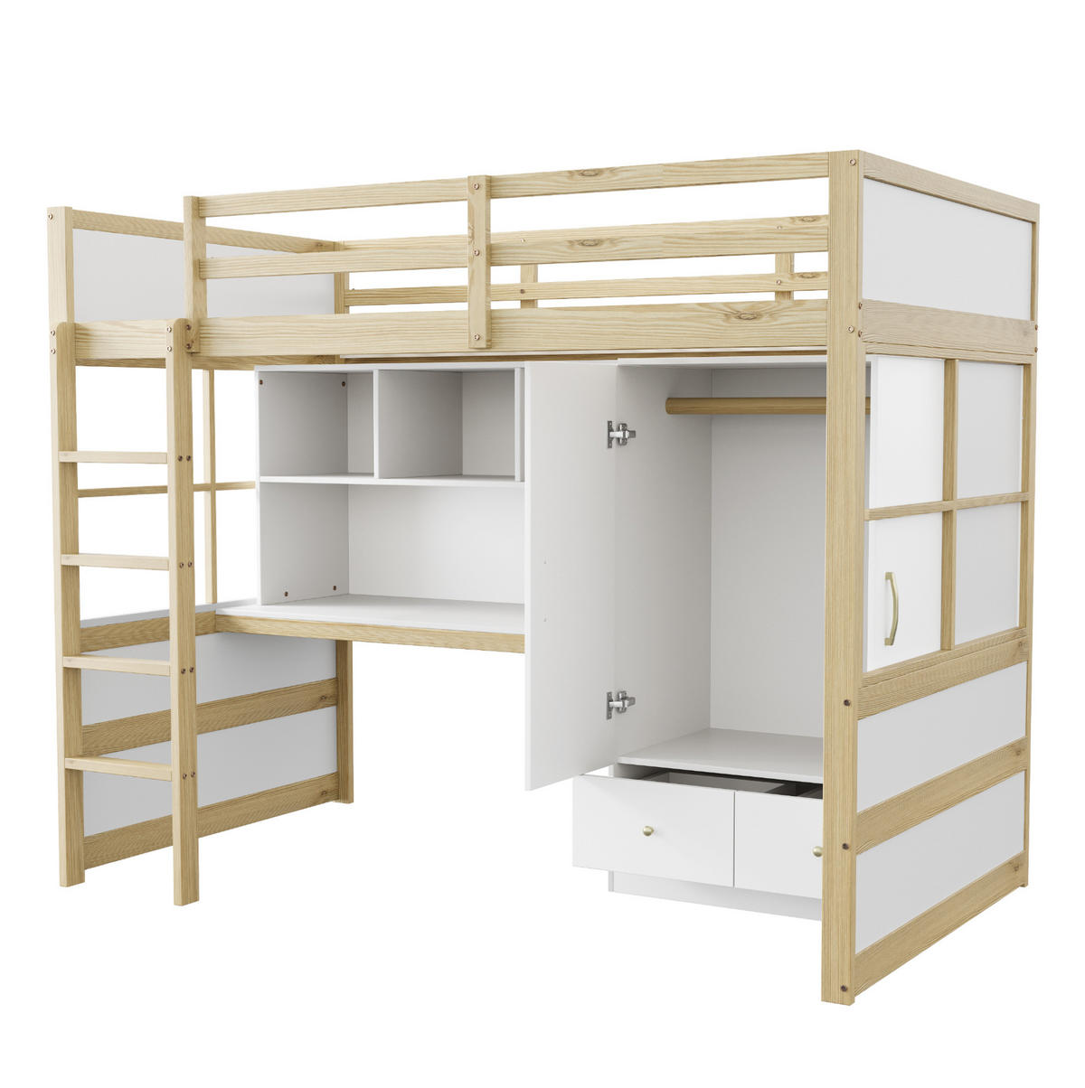 HOCHBETT 90/200 cm in Naturfarbe mit Schreibtisch, Kleiderschrank und Schubladen - Naturfarben, Holz (90/200cm) - Flora Grace