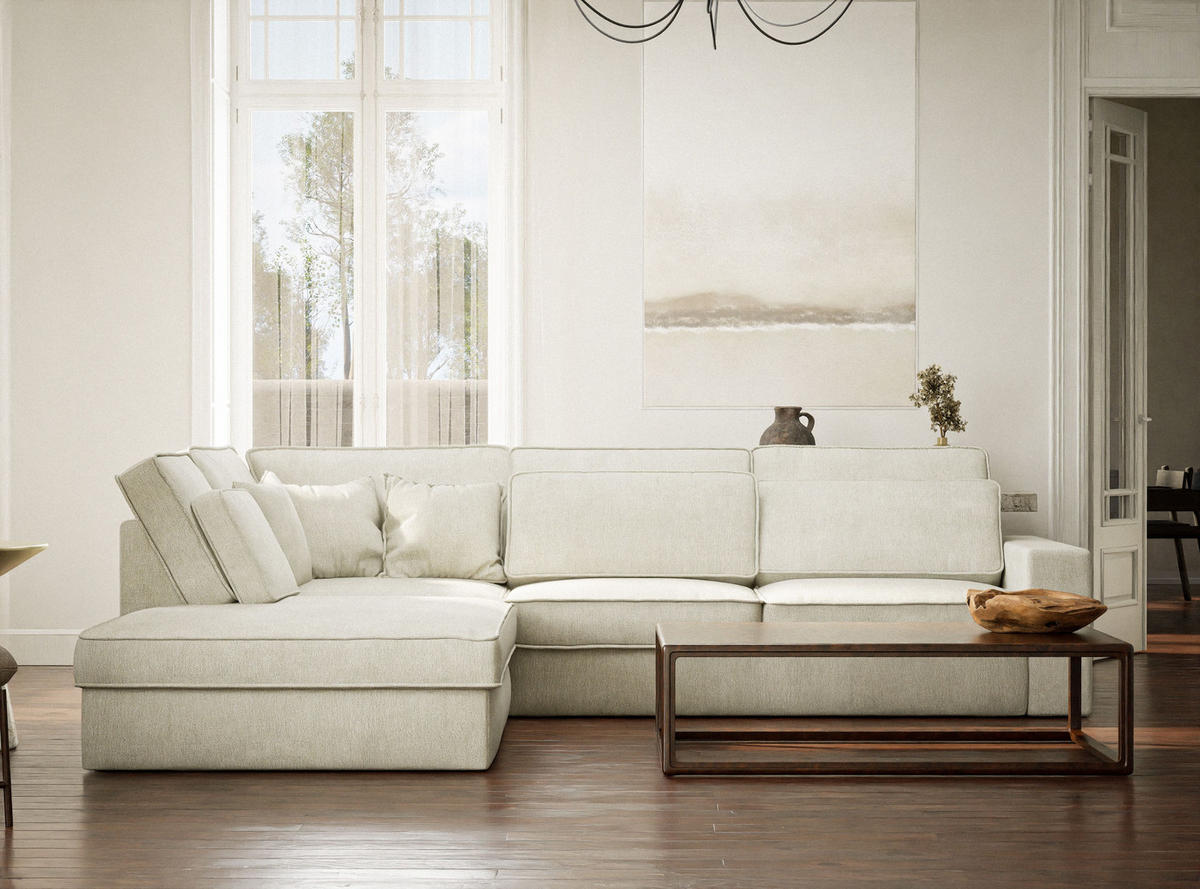 ECKSOFA Kirou Creme Chenille-Stoff - Links Seite - Creme/Schwarz, Holz/Holzwerkstoff (225/311cm) - Maison de Reve