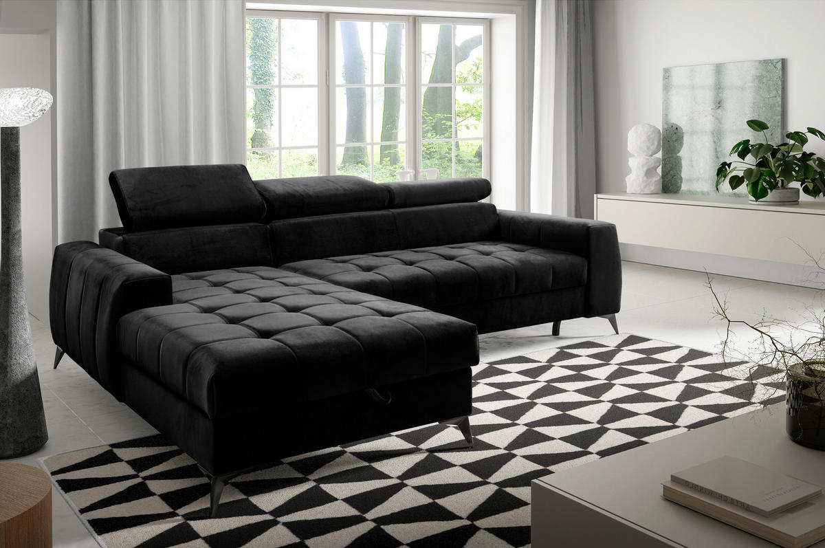 ECKSOFA L Form Arkucio Mini Schwarz 260/200/95 cm Links mit Schlaffunktion - Schwarz, Textil/Metall (200/260cm) - AX Living