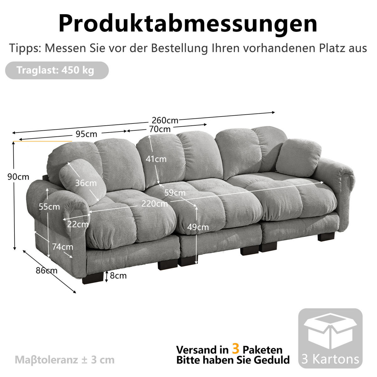 SOFA 260/86/90 cm in Hellgrau aus Chenille mit Steppnaht und Modulsystem - Hellgrau, Textil (86/90/260cm) - Flora Grace