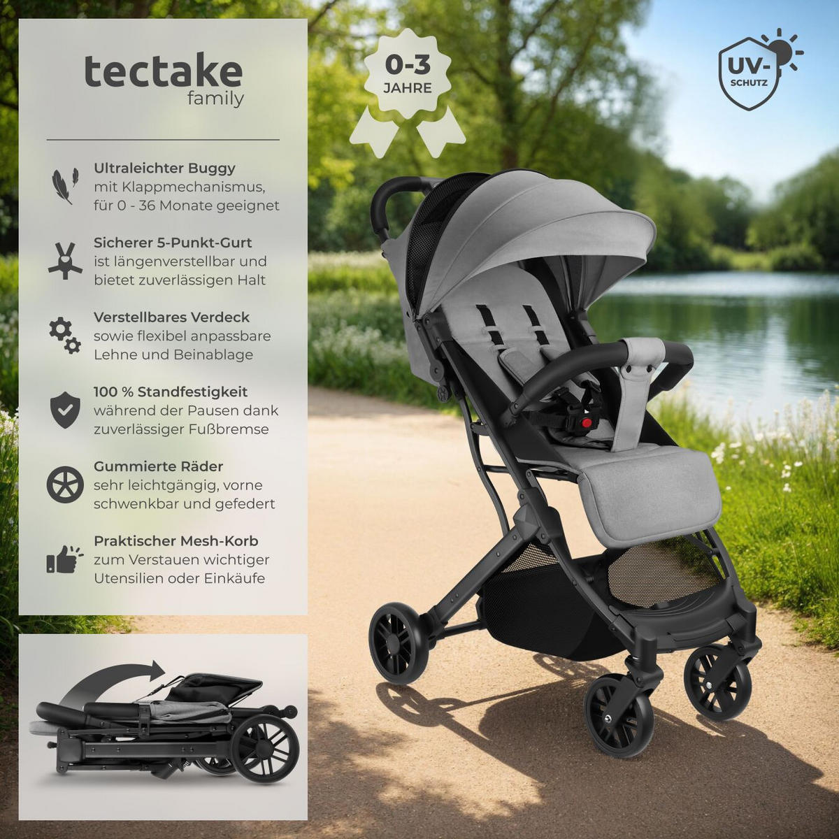 BUGGY-KINDERWAGEN Finn, für 0 bis 36 Monate geeignet, Belastbarkeit 15 kg, grau - Grau, Textil (95/51/105cm) - tectake