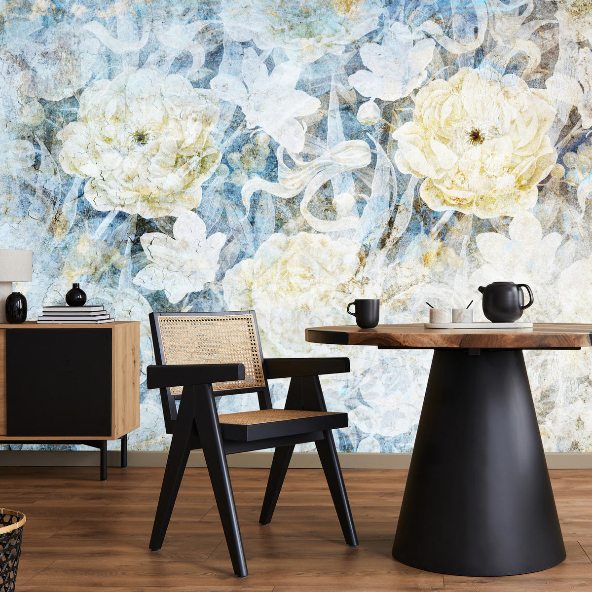 FOTOTAPETE Blumen Abstraktion Vintage Stil 450x315 - Blau/Gelb, Papier (450/315cm) - Muralo