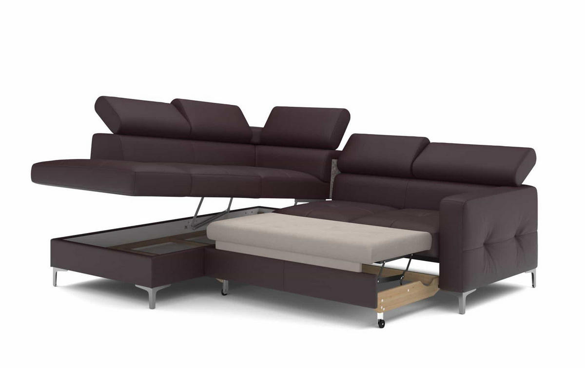 ECKSCHLAFSOFA aus Echtleder mit Schlaffunktion und Bettkasten - Chromfarben/Dunkelbraun, Leder/Holz (242/207cm) - Cotta