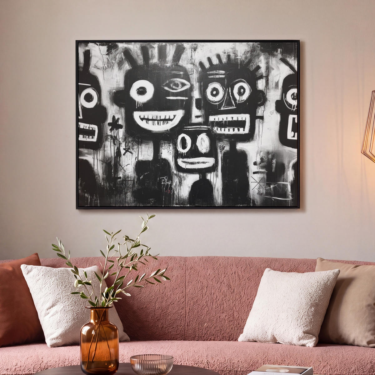 LEINWAND Bilder mit Rahmen - Malerei - Figuren - Schwarz - Abstrakt - 100x70 - Schwarz, Textil (100/70cm) - MuchoWow