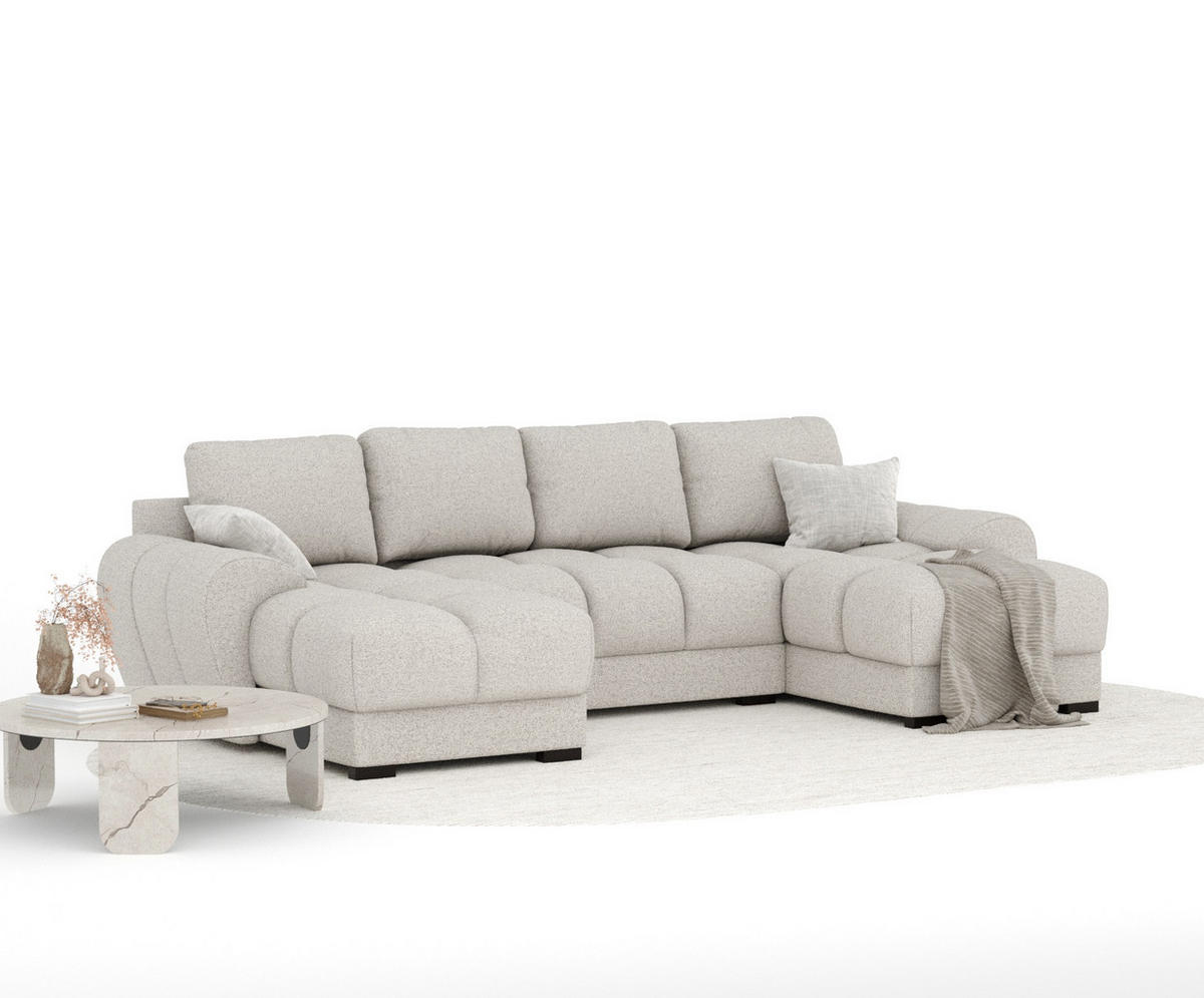 WOHNLANDSCHAFT Peebles Beige Webstoff - Beige/Schwarz, Holz/Holzwerkstoff (330/90/175cm) - Maison de Reve