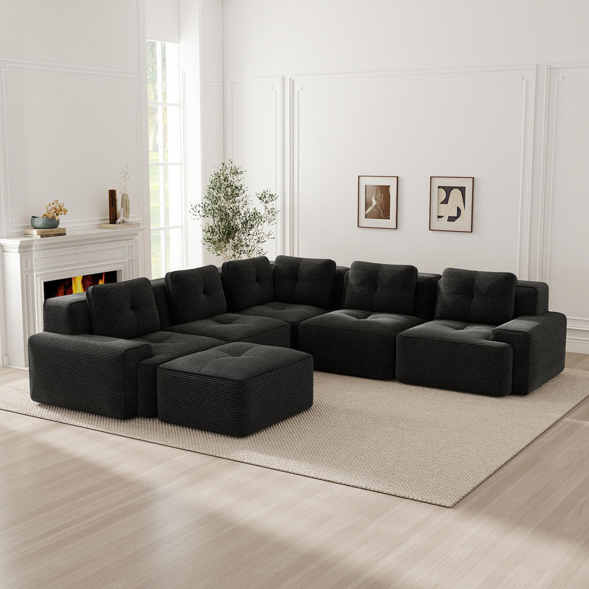 WOHNLANDSCHAFT DE-34424 mit Ottoman und Cordstoff Schwarz - Schwarz, Textil (295/69/295cm) - ComfortXL